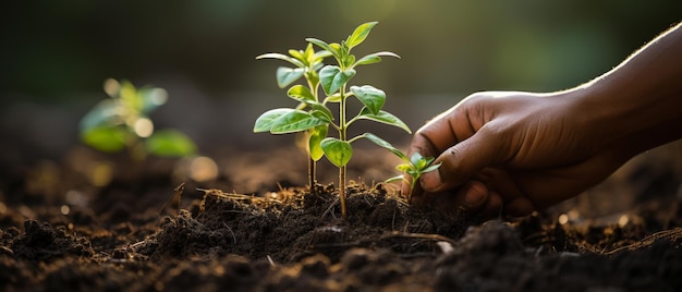 Des mains âgées plantent des semis de basilic