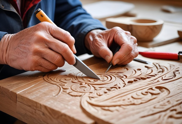 Photo mains âgées sculptant le bois le processus de sculpture avec divers outils de travail du bois sur une surface en bois