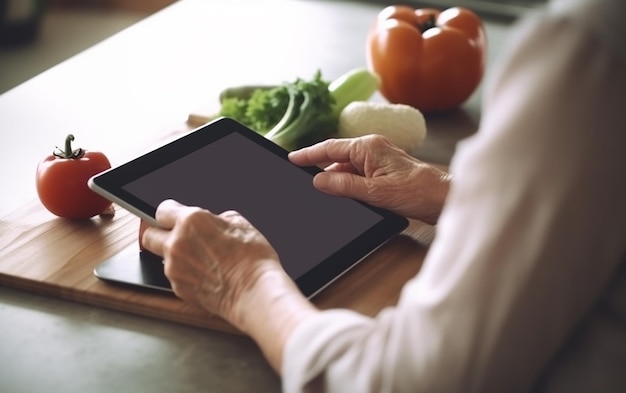 Photo des mains âgées utilisant une tablette dans une cuisine domestique pour des recettes génératives.