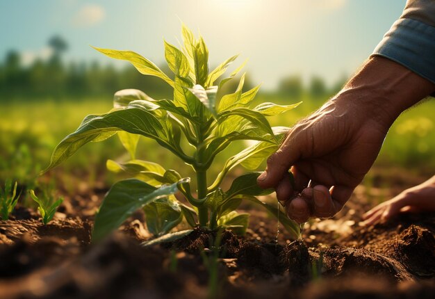 Photo les mains de l'agriculteur sur les plantes de la ferme image réaliste ultra hd haute conception très détaillée