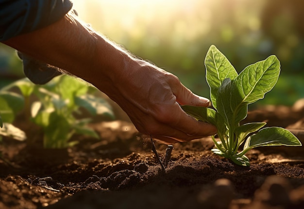 Les mains de l'agriculteur sur les plantes de la ferme image réaliste ultra hd haute conception très détaillée