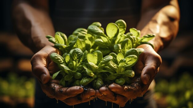 Photo les mains de l'agriculteur tenant la laitue biologique verte dans la ferme de près