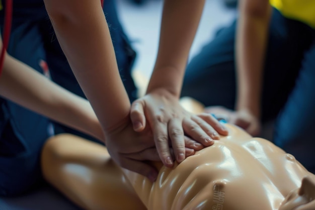 les mains d'un ambulancier faisant une compression thoracique pendant l'entraînement à l'intérieur des gens apprennent