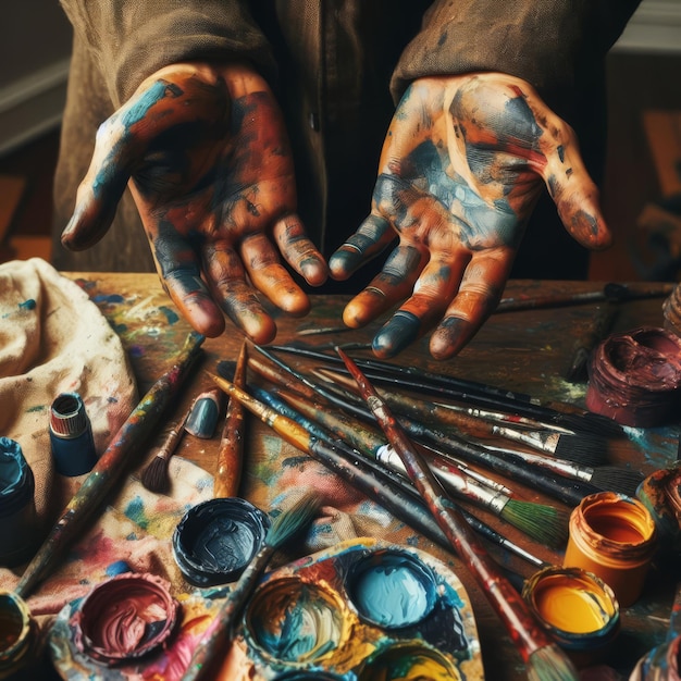 Photo des mains d'artistes dans des taches de peinture sur un fond de peintures et de pinceaux