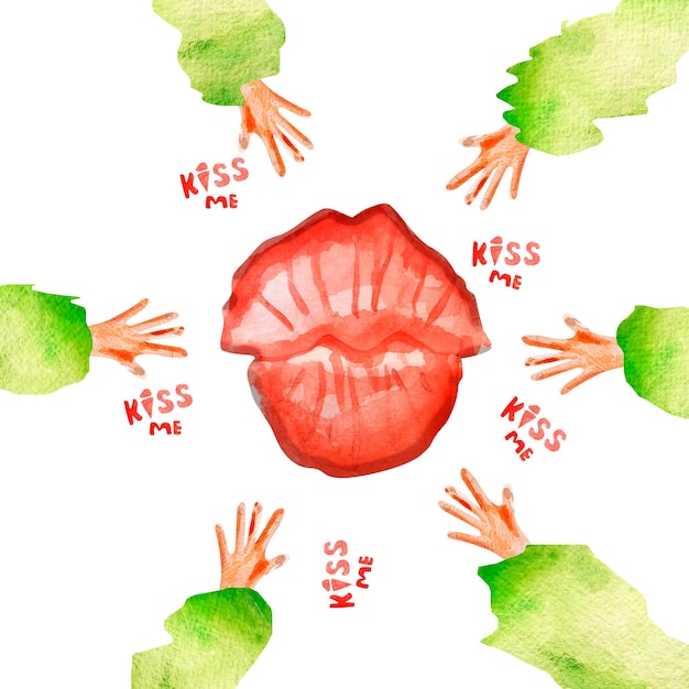 Les mains atteignent de grandes lèvres baiser illustration aquarelle