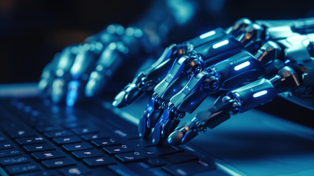 Des mains automatisées d'efficacité robotique gèrent un ordinateur portable, mettant en évidence le rôle de l'IA dans les tâches quotidiennes