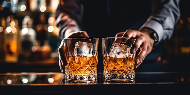 Mains d'un barman au bar restaurant avec whisky en verre