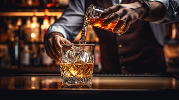 Les mains d'un barman avec un verre de whisky soft focus