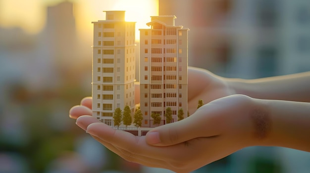 Des mains berçant des modèles de bâtiments au coucher du soleil symbolisant l'aménagement urbain et le développement idéal pour l'immobilier et l'architecture AI