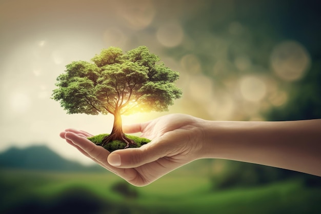 Les mains bercent un arbre dans une mer de bokeh vert