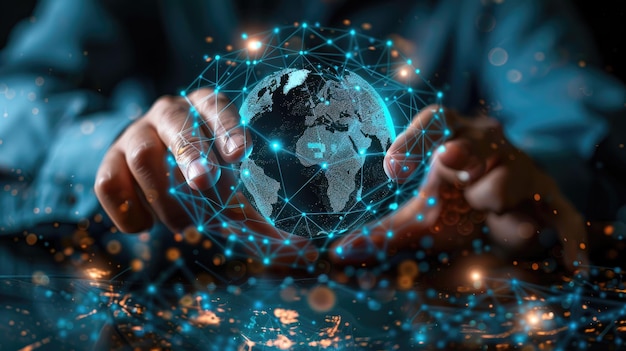 Des mains bercent un globe numérique lumineux représentant des réseaux de données mondiaux