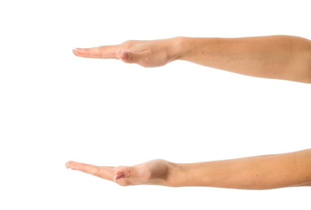 Les mains blanches de la femme se font face sur fond blanc en studio