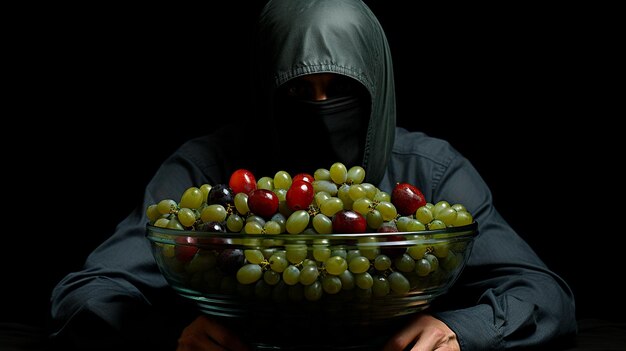 Photo mains avec un bol de salade de fruits mélangés