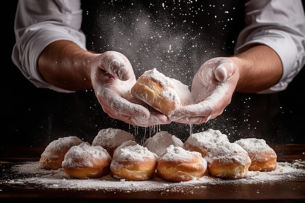 Mains de boulanger saupoudrant du sucre en poudre sur un lot
