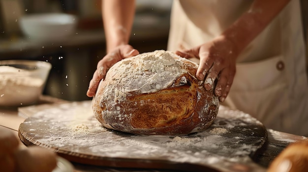 Les mains des boulangers tenant un pain frais Le pain est recouvert de farine et le boulanger dépoussière l'excès