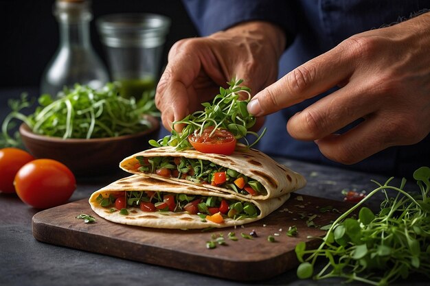 Les mains d'un chef garnissent un quesadil