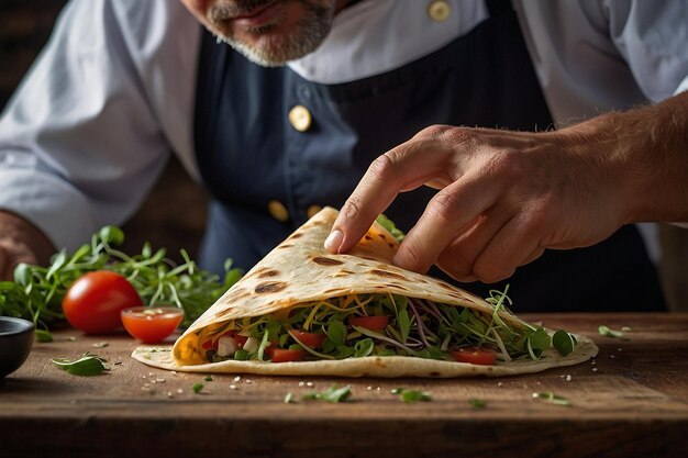 Les mains d'un chef garnissent un quesadil