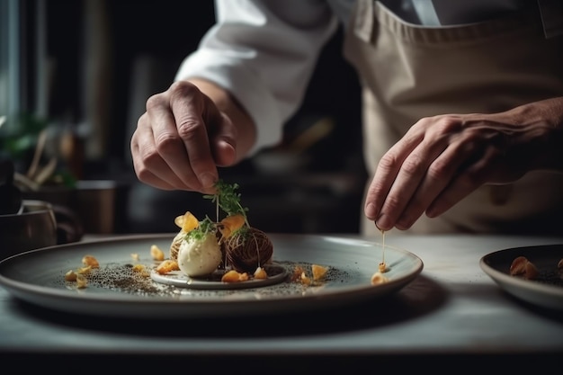 Les mains d'un chef préparent habilement un délicieux plat gastronomique en gros plan extrême AI générative