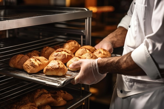 Mains d'un chef professionnel avec un plateau de pain fraîchement cuit