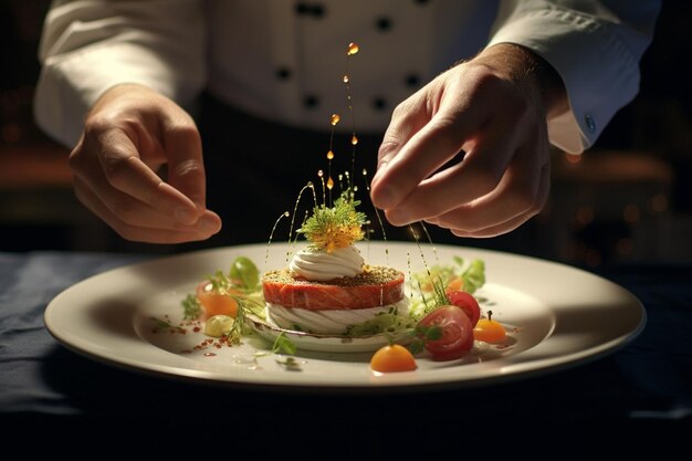 Les mains d'un chef reformant un plat sur une assiette