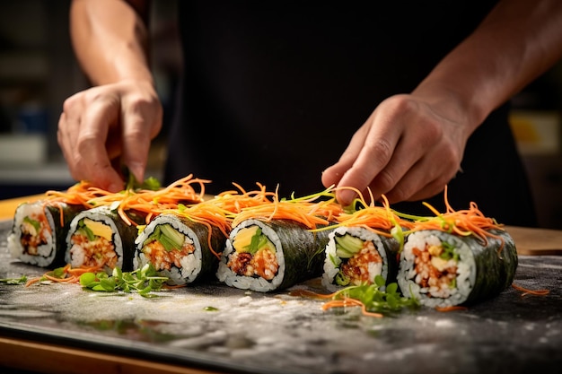 Les mains d'un chef roulent des rouleaux de sushi Kimbap