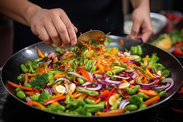 Les mains des chefs tenant un bol de légumes frits contre le fond d'une cuisine