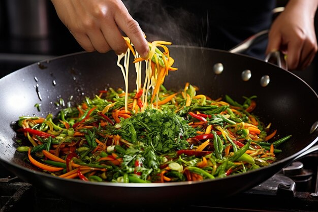 Les mains des chefs tenant un bol de légumes frits contre le fond d'une cuisine