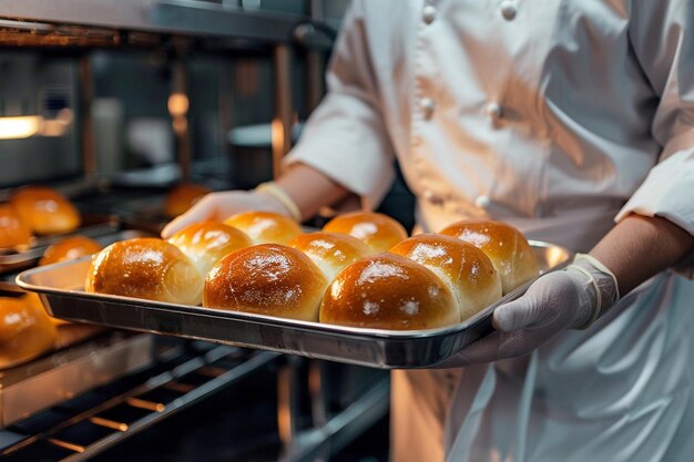 Les mains des chefs tenant un plateau de cuisson avec des pains frais vue de devant