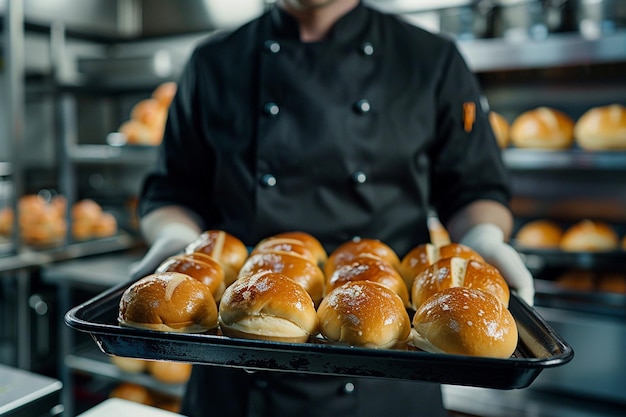 Les mains des chefs tenant un plateau de cuisson avec des pains frais vue de devant