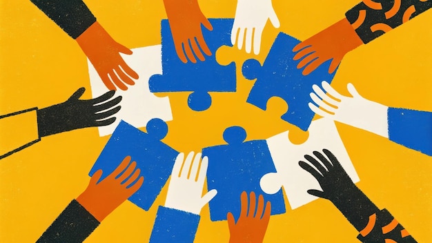 Des mains collaboratives assemblent les pièces du puzzle