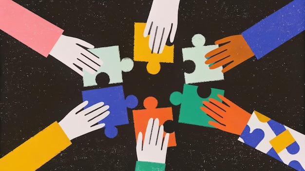 Des mains collaboratives de personnes diverses assemblent des pièces