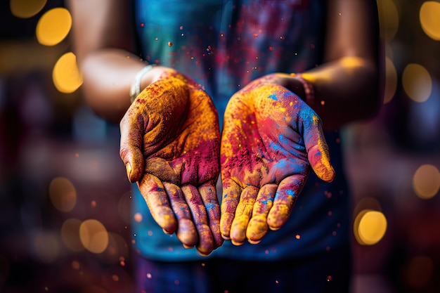 Des mains colorées lors de la célébration de Holi