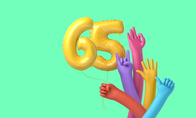 Mains colorées tenant un ballon de fête joyeux 65e anniversaire rendu 3D