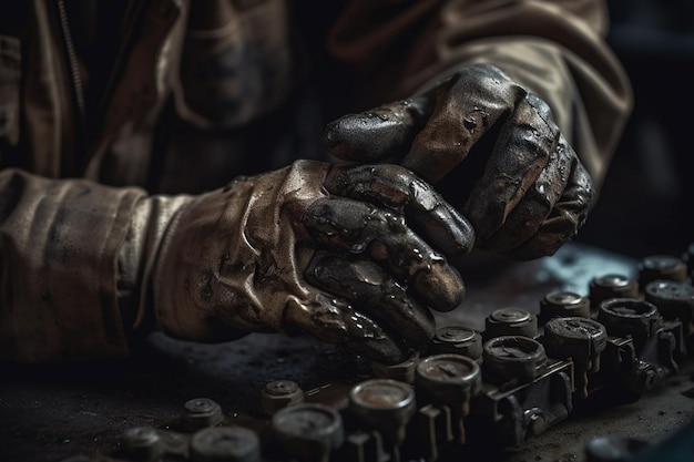 Les mains couvertes de graisse pendant qu'ils réparent un moteur