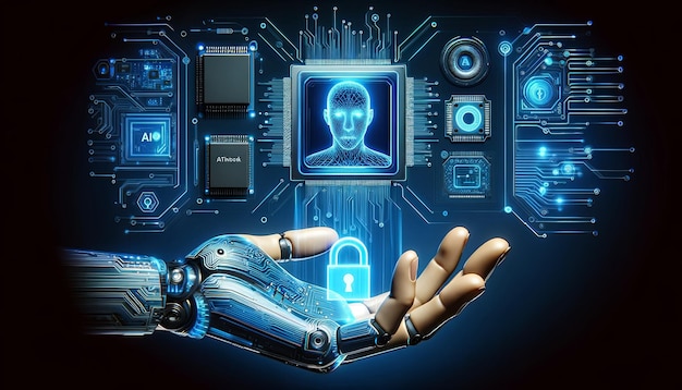Des mains cyborg avec un cadenas numérique sur des microcircuits numériques en arrière-plan pour sécuriser les données Sécurité cybernétique