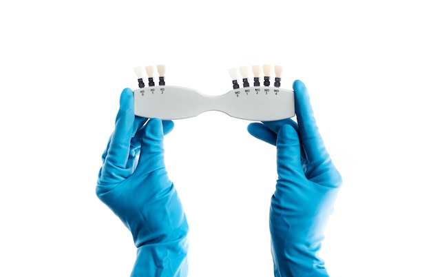 Mains dans des gants bleus tenant une palette de couleurs dentaires isolée sur fond blanc
