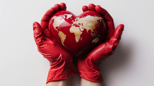 Photo des mains dans des gants rouges berçant un globe en forme de cœur symbolisant l'amour et le soin pour le monde