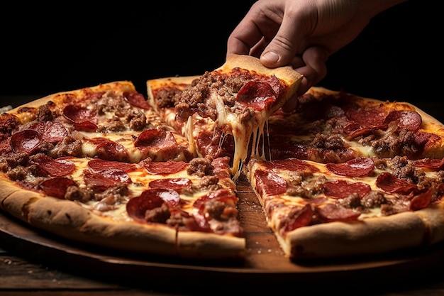 Des mains déchirant une tranche de pizza à la viande montrant l'étirement du fromage