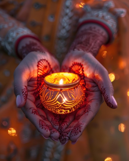 Des mains délicates ornées de henné tenant une petite lanterne lumineuse fond chaud profond éclairage romantique doux ar 45 v 6 ID d'emploi 6ef70091d45048018651be31c1168d6c