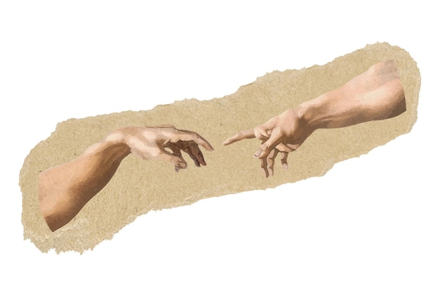 Les mains de Dieu et d'Adam autocollant png papier déchiré fond transparent remixé par rawpixel