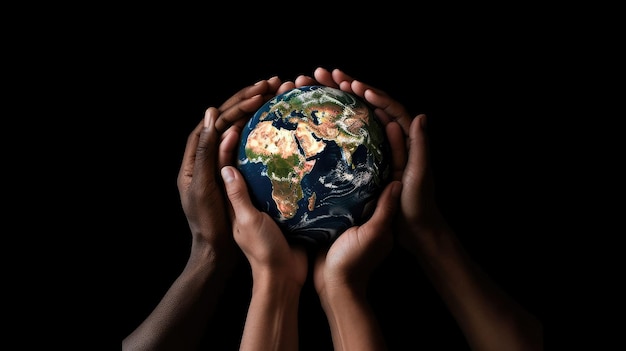 Mains de différentes ethnies tenant le symbole du globe lors de la Journée mondiale de la démocratie