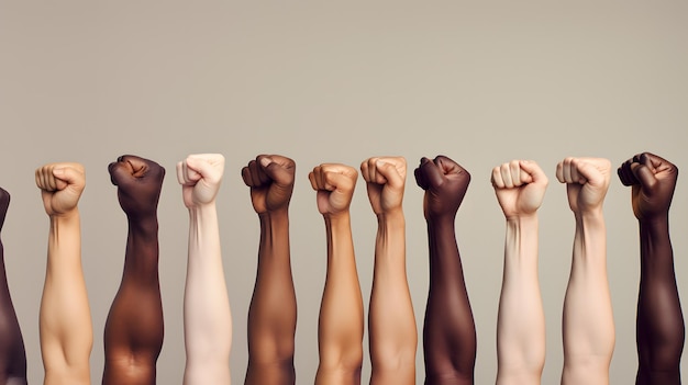 Photo des mains de différentes personnes de différentes races et couleurs de peau.