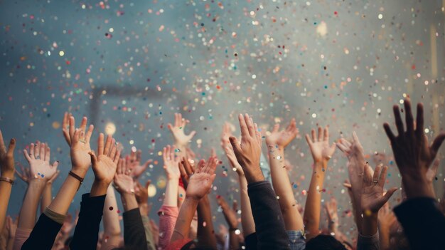 Photo des mains diverses s'étendant contre un fond avec des confettis tombant