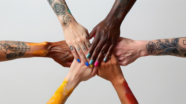 Des mains diverses s'unissent en un symbole de travail d'équipe et de solidarité Des bras tatoués colorés collaborent L'unité dans la diversité exprimée par le toucher Célébrant l'inclusion et la coopération AI