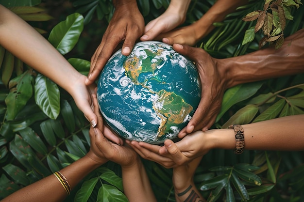 Photo des mains diverses tenant la terre avec de la verdure