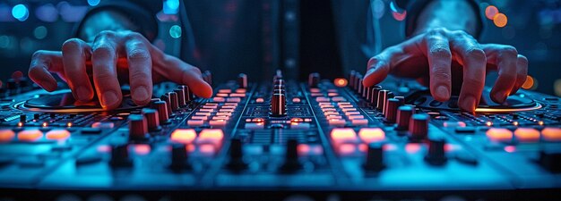 Les mains d'un DJ caucasien dans un décor bleu mélangeant de la musique sur une table de mixage