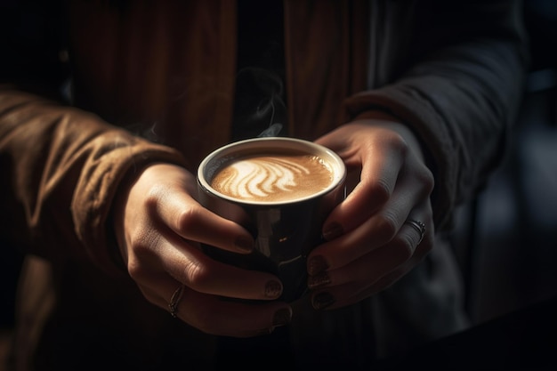 Les mains du barista tenant une tasse de café chaud avec Generative AI