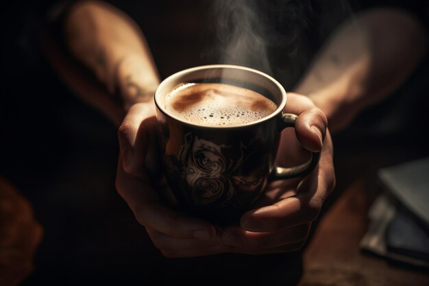 Les mains du barista tenant une tasse de café chaud avec Generative AI