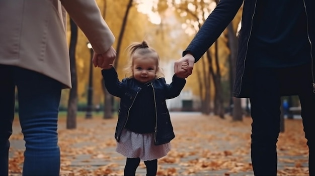 Les mains du bébé sont dans l'IA générative des parents, une famille joyeuse dans le parc