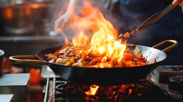 Les mains du chef gardent le wok avec le feu Les mains du chef en gros plan cuisent les aliments avec le feu